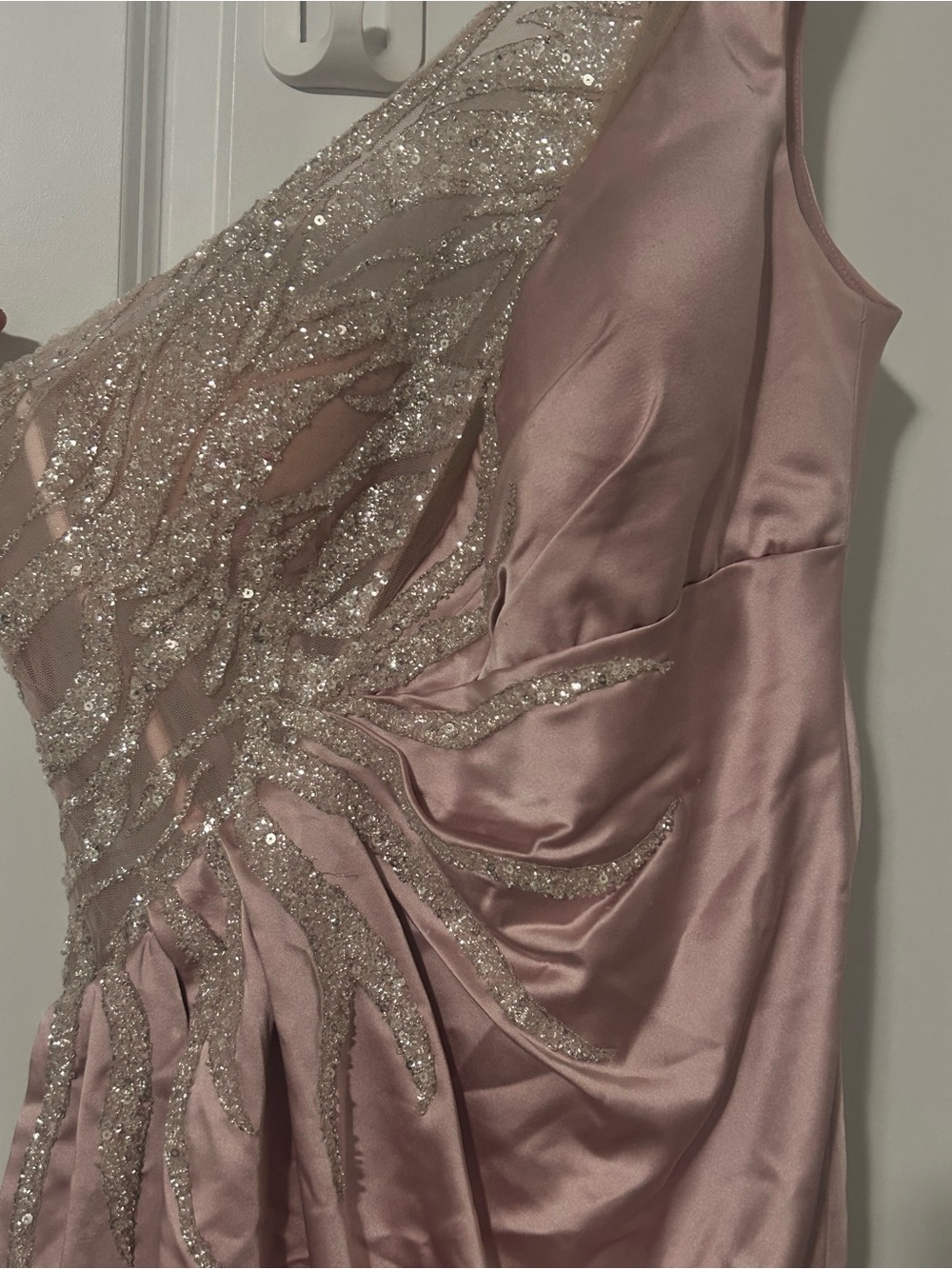 One-Shoulder Satin Evening Gown in Dusty Rose with Glitter Appliqué